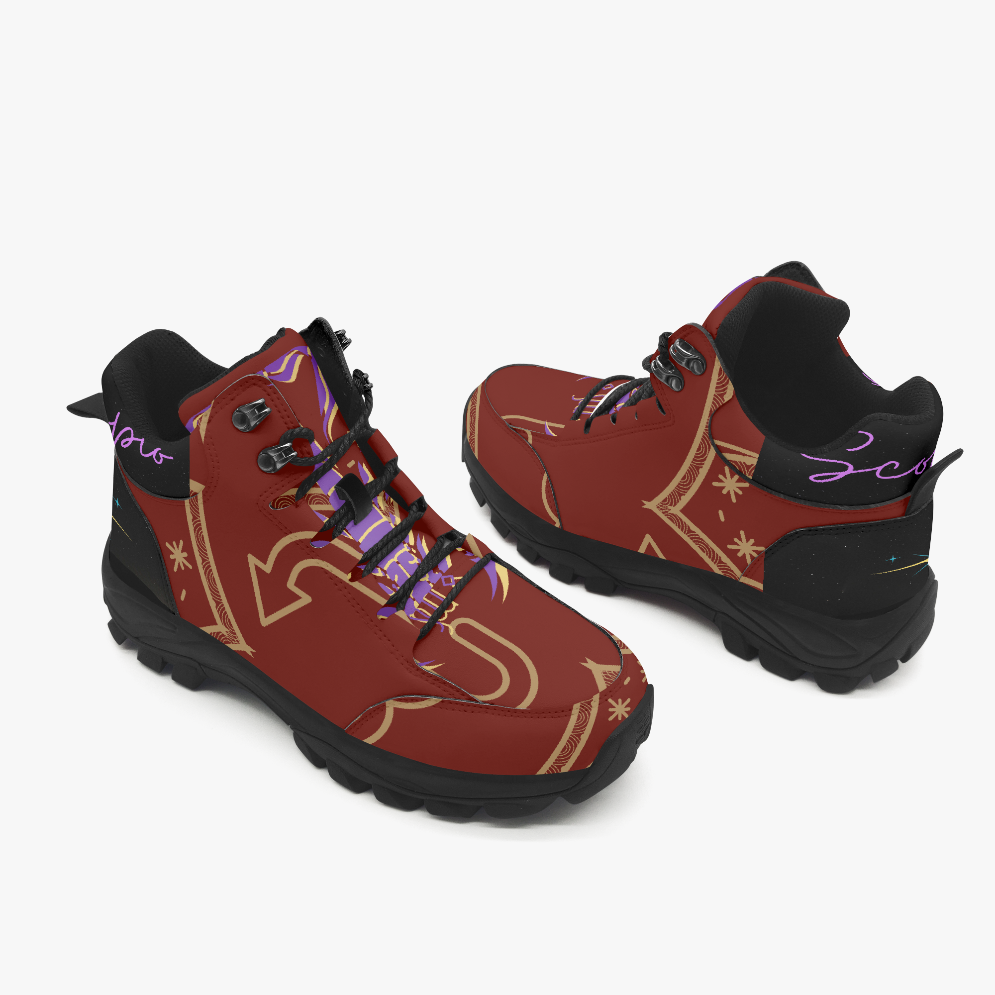 Scorpio deep red hiking boot with gold celestial detailing