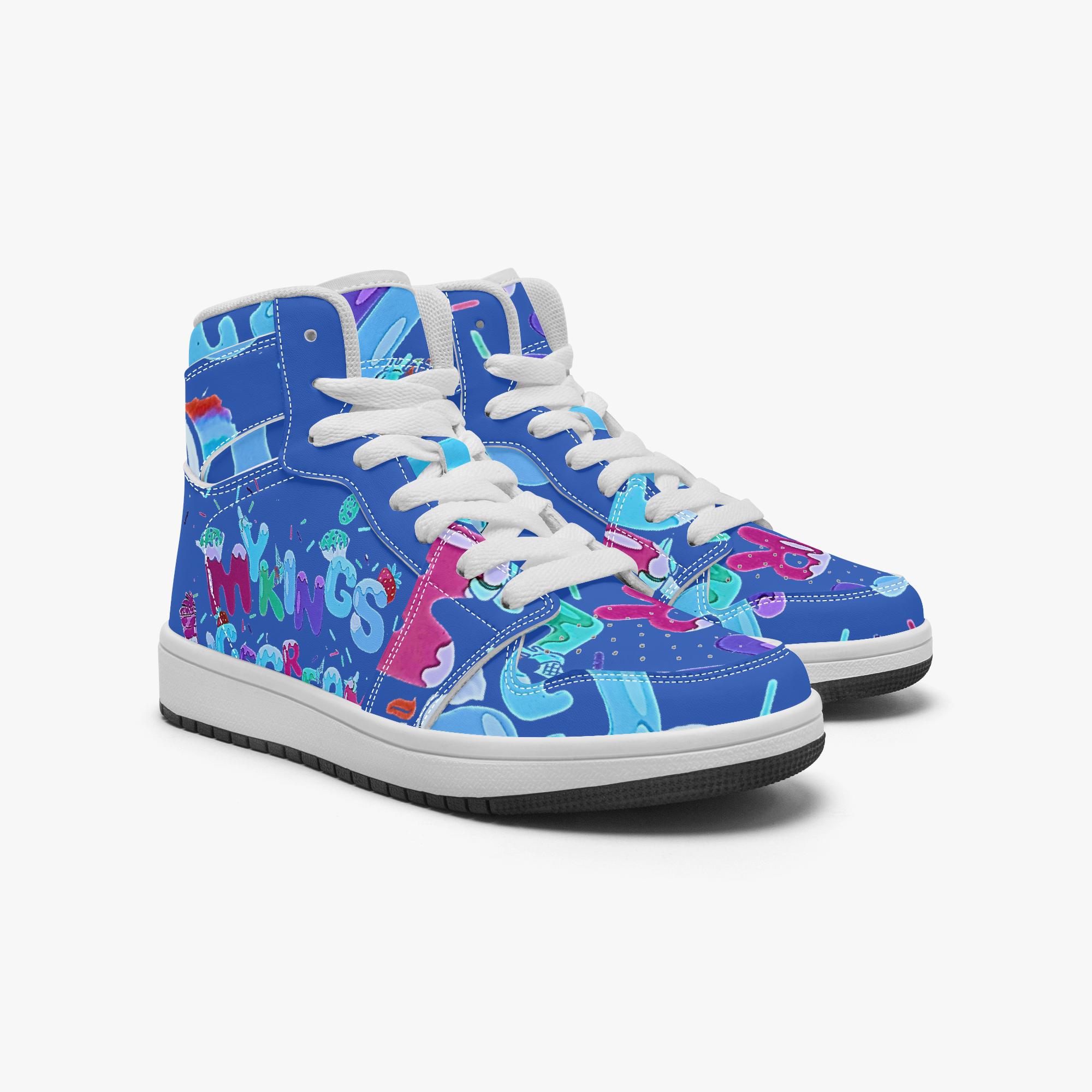 MKings cobalt blue high-top sneaker with candy graffiti print