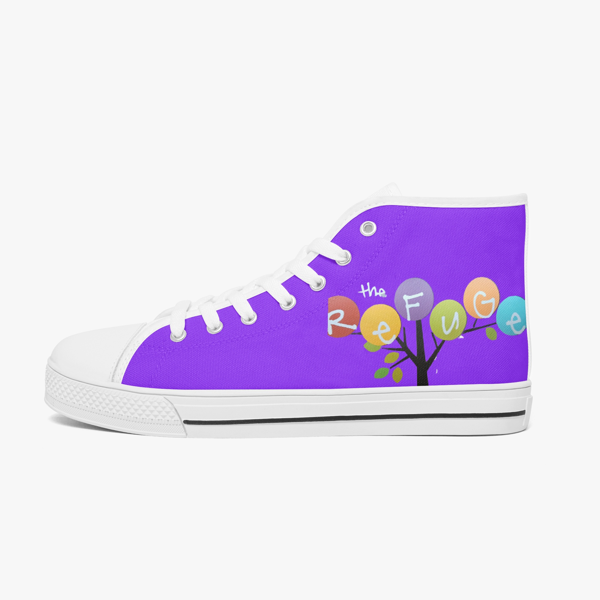 The Refuge purple canvas high-top with colorful tree graphic