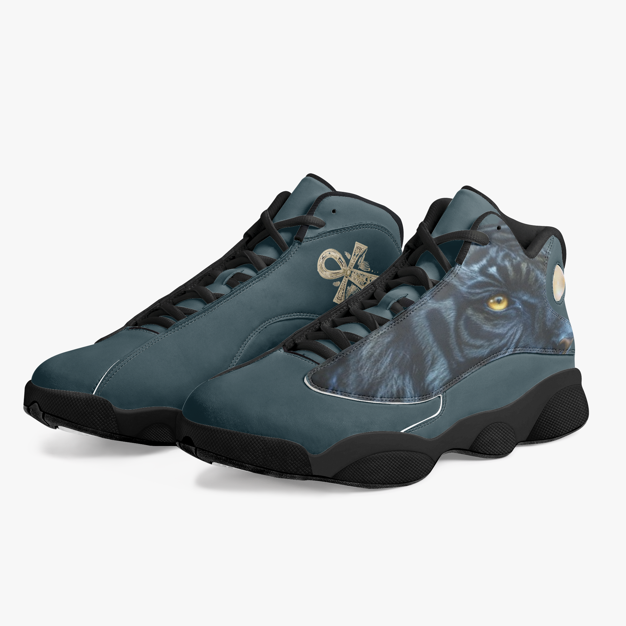 1 Eyed Tiger slate blue basketball sneaker with one-eyed tiger graphic
